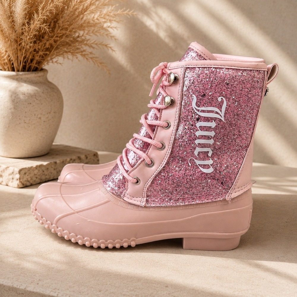 Juicy Couture Pink Glitter Duck Boots Coquette Y2K Wintercore Glam Boots Size 8